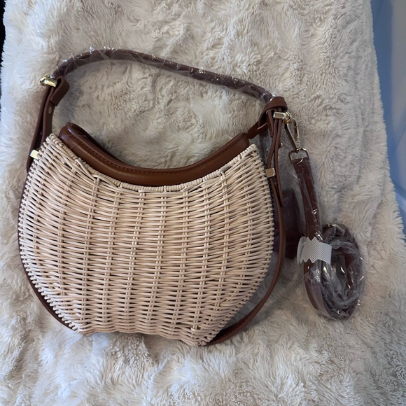 NWT Loulu Woven Rattan & Brown Leather Shoulder Bag | Boho Chic Summer Purse - Picture 2 of 8